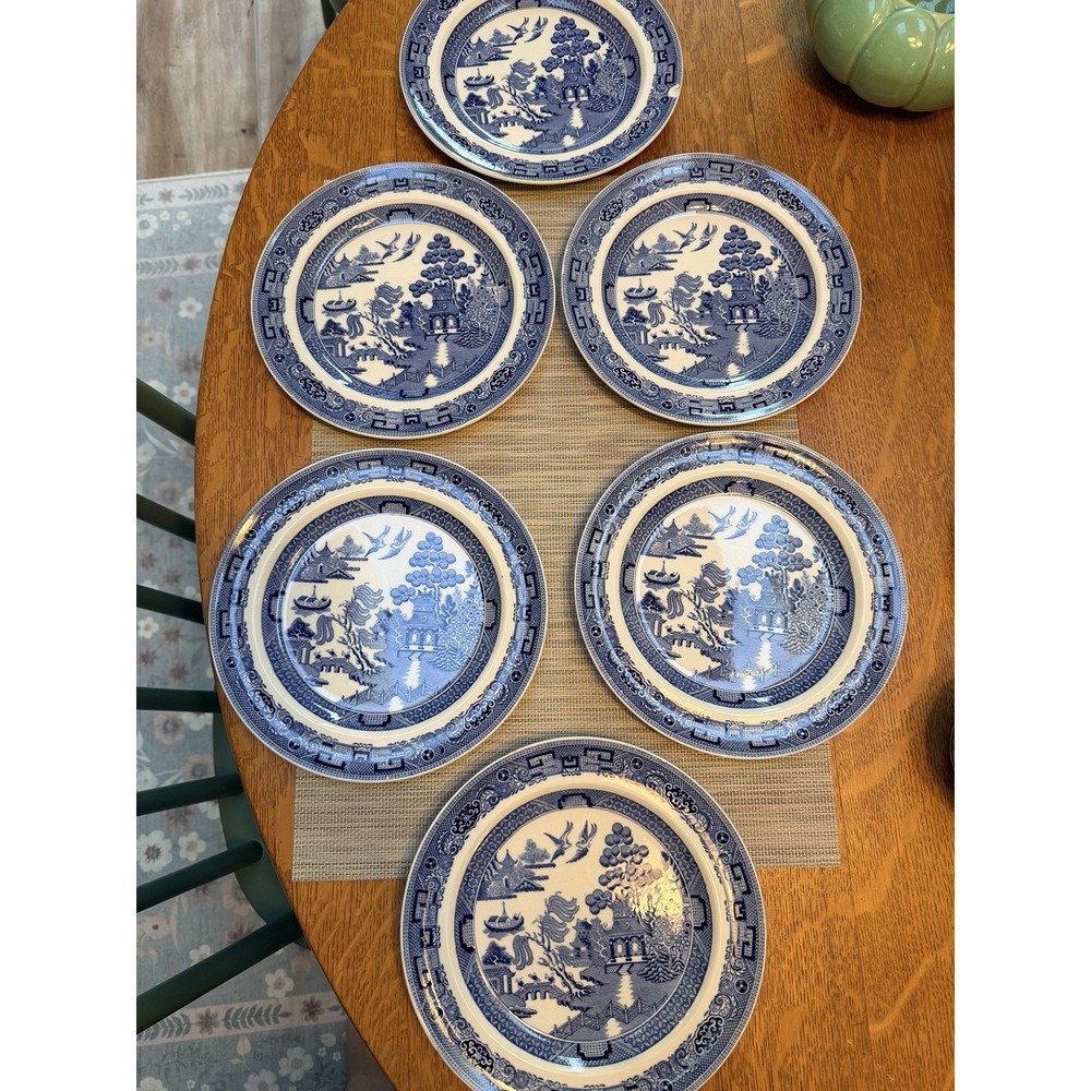 Set Of 6 Antique Wedgwood Blue Willow 8.25" Salad Plates Excellent